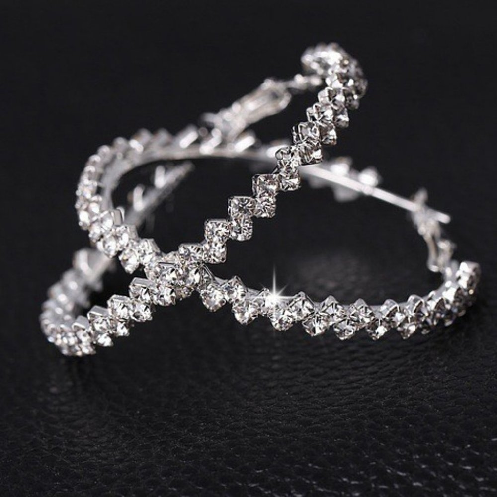 NEW 2'' Silver Round Diamond Hoop Earrings - Picture 3 of 9